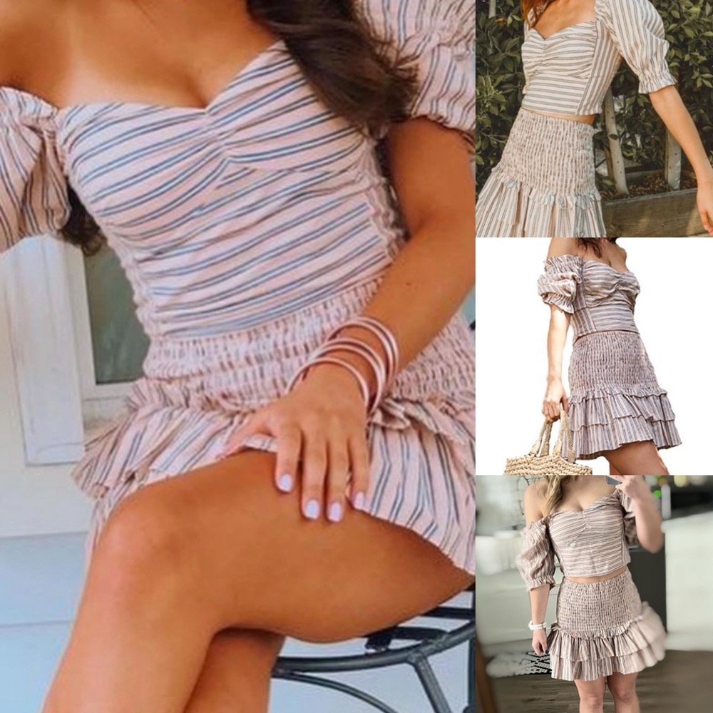 SAYLOR Ellia Striped Smocked Ruffle Mini sweetheart top s Crop Top Skirt set